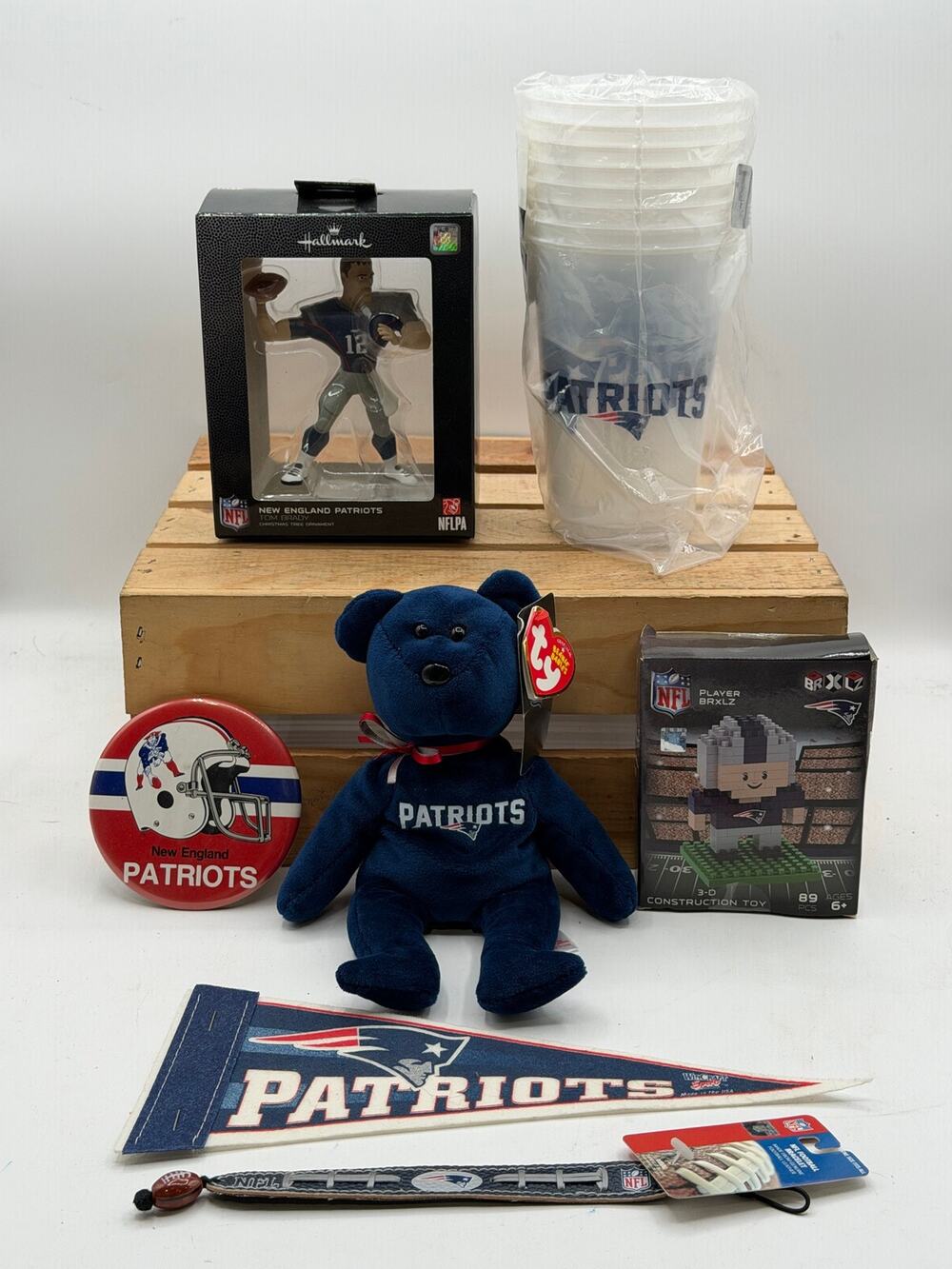 New England Patriots 7-Piece Fan Collectibles/ Toy Bundle (Brady Orn, Bear, etc)